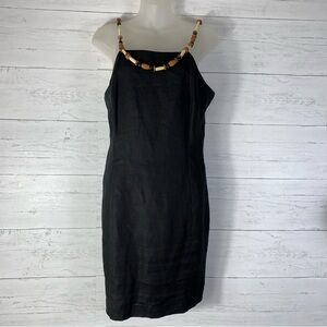 Vintage Jackie Bernard Wooden Beaded Strap Black Linen Dress Sz 10